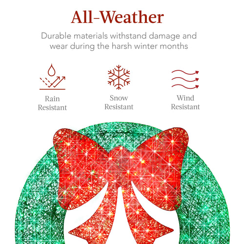 Pre-Lit Outdoor Christmas Wreath, LED Metal Holiday Decor w/ Bow - 30in