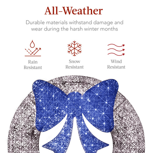 Pre-Lit Outdoor Christmas Wreath, LED Metal Holiday Decor w/ Bow - 30in