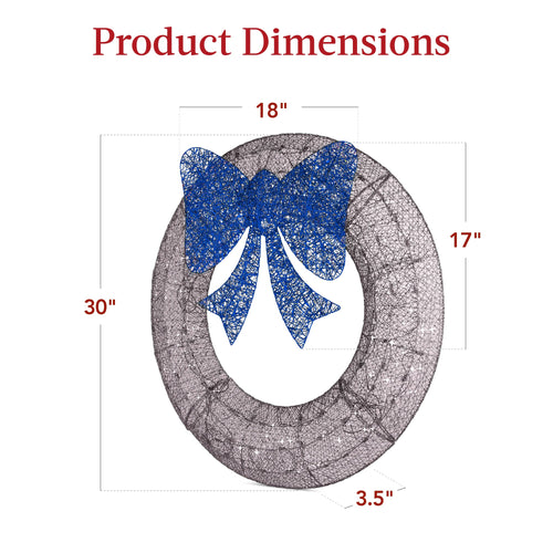 Pre-Lit Outdoor Christmas Wreath, LED Metal Holiday Decor w/ Bow - 30in