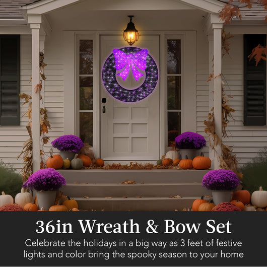 Pre-Lit Outdoor Halloween Wreath, LED Metal Holiday Decor w/ Bow - 36in