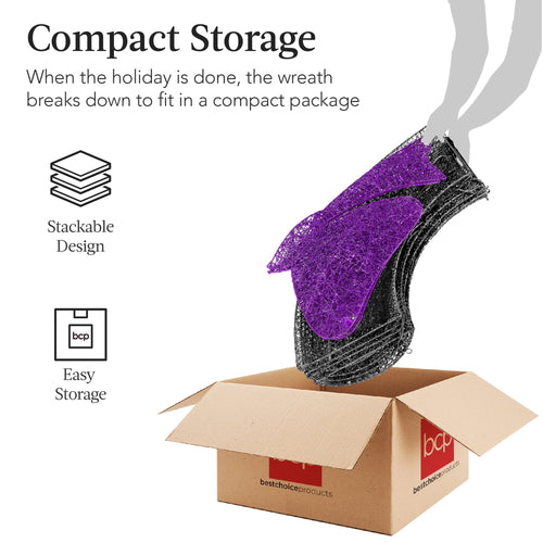 Pre-Lit Outdoor Halloween Wreath, LED Metal Holiday Decor w/ Bow - 36in