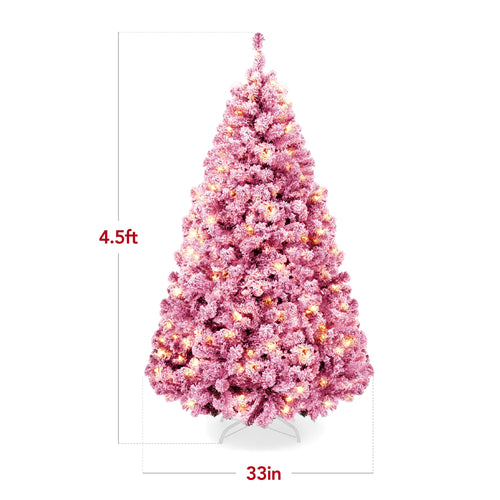 Prelit Pink Christmas Tree, Snow Flocked Full Holiday Decor w/ Metal Base