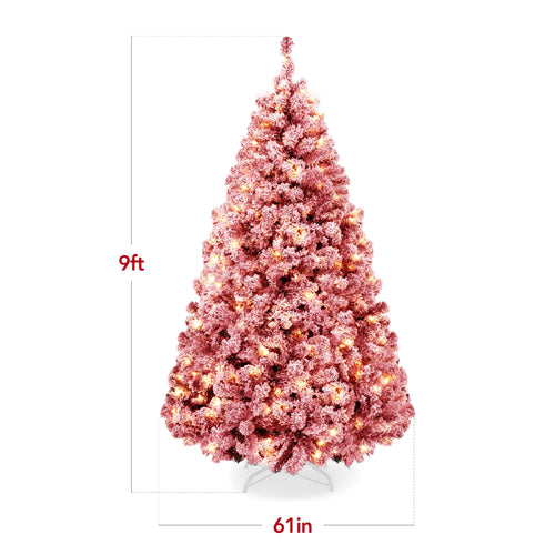 Pre-Lit Red Flocked Artificial Pine Christmas Tree w/ White Lights