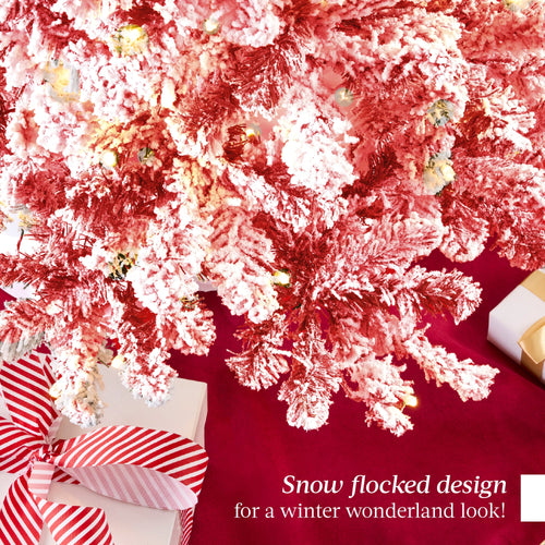 Pre-Lit Red Flocked Artificial Pine Christmas Tree w/ White Lights