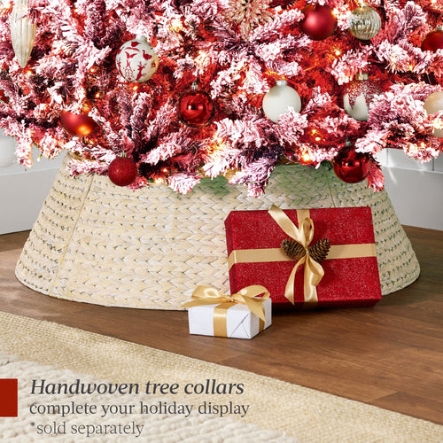 Pre-Lit Red Flocked Artificial Pine Christmas Tree w/ White Lights