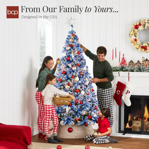 Pre-Lit Blue Flocked Artificial Pine Christmas Tree w/ White Lights