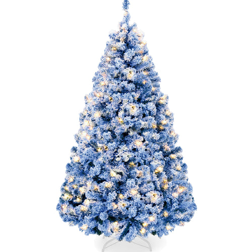 Pre-Lit Blue Flocked Artificial Pine Christmas Tree w/ White Lights
