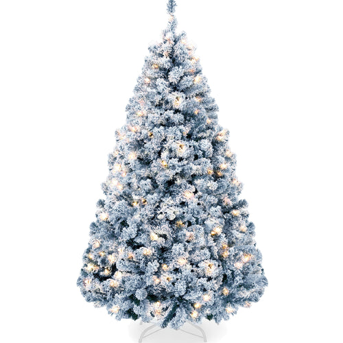 Pre-Lit Ice Blue Flocked Artificial Pine Christmas Tree w/ White Lights
