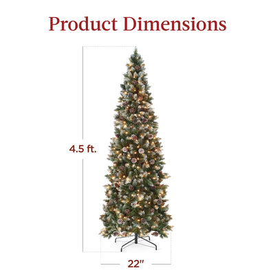 Pre-Lit Partially Flocked Pencil Christmas Tree w/ Pine Cones, Metal Stand