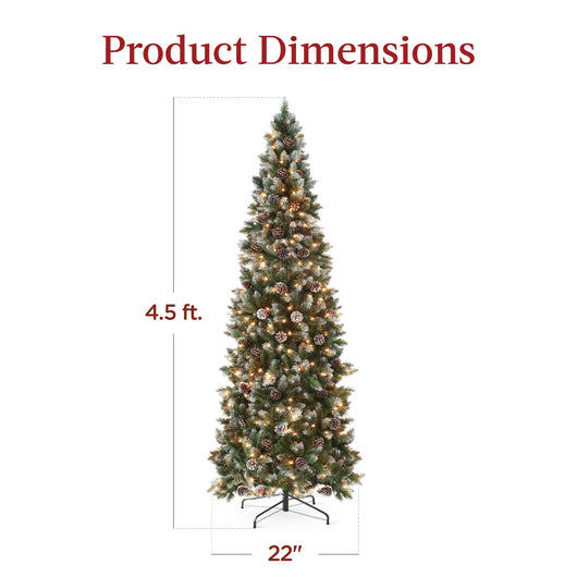 Pre-Lit Partially Flocked Pencil Christmas Tree w/ Pine Cones, Metal Stand