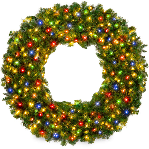Pre-Lit Artificial Fir Christmas Wreath w/ Multicolor LED Lights, PVC Tips