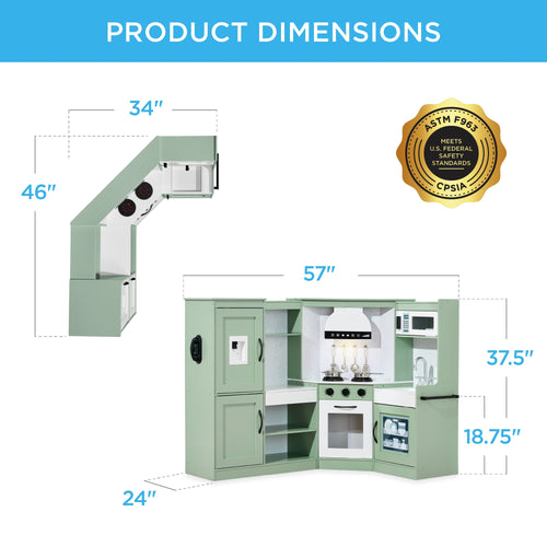 Pretend Play Corner Kitchen Wooden Toy Set for Kids w/ Lights, Sounds