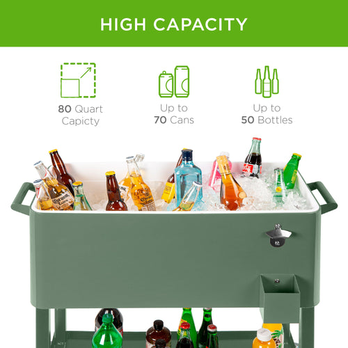Portable Rolling Cooler Cart w/ Bottle Opener, Catch Tray - 80qt