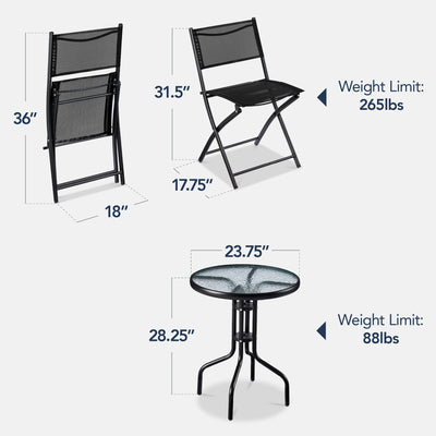 3-Piece Bistro Set w/ Glass Table, 2 Foldable Chairs
