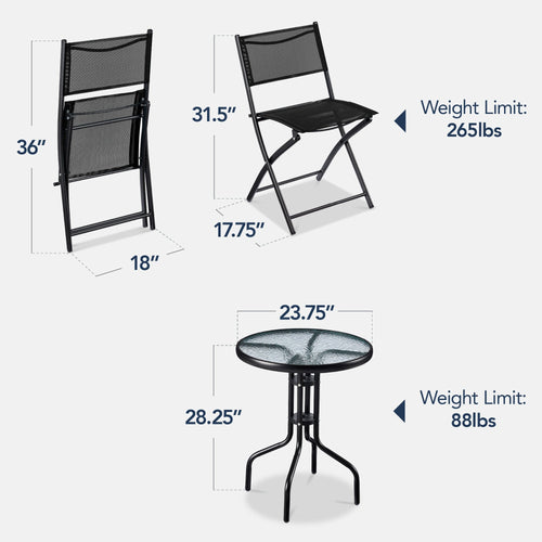 3-Piece Bistro Set w/ Glass Table, 2 Foldable Chairs