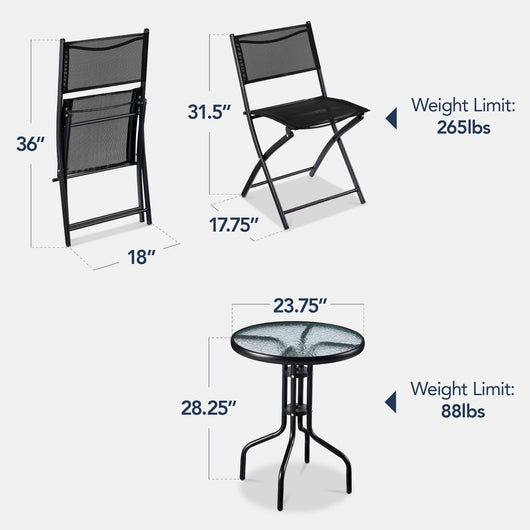 3-Piece Bistro Set w/ Glass Table, 2 Foldable Chairs