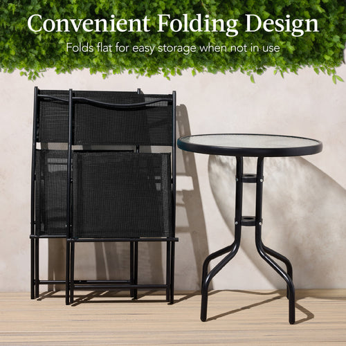 3-Piece Bistro Set w/ Glass Table, 2 Foldable Chairs