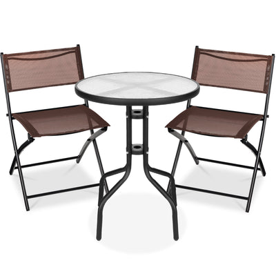 3-Piece Bistro Set w/ Glass Table, 2 Foldable Chairs