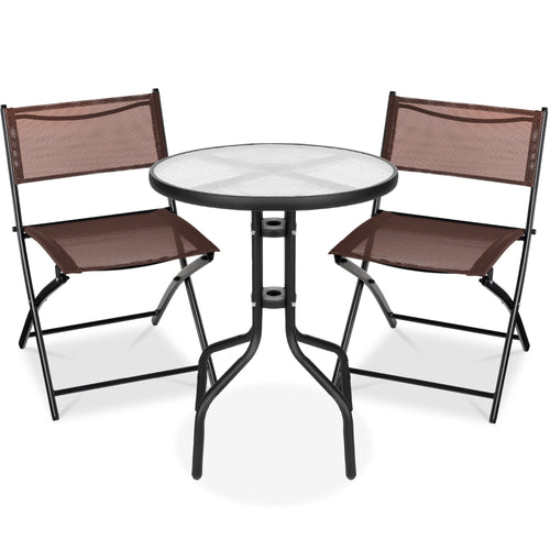 3-Piece Bistro Set w/ Glass Table, 2 Foldable Chairs