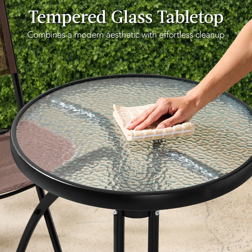 3-Piece Bistro Set w/ Glass Table, 2 Foldable Chairs