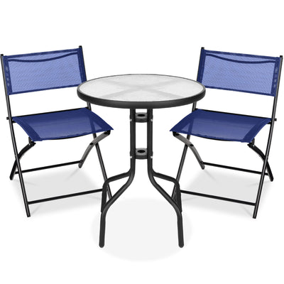 3-Piece Bistro Set w/ Glass Table, 2 Foldable Chairs