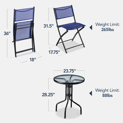 3-Piece Bistro Set w/ Glass Table, 2 Foldable Chairs