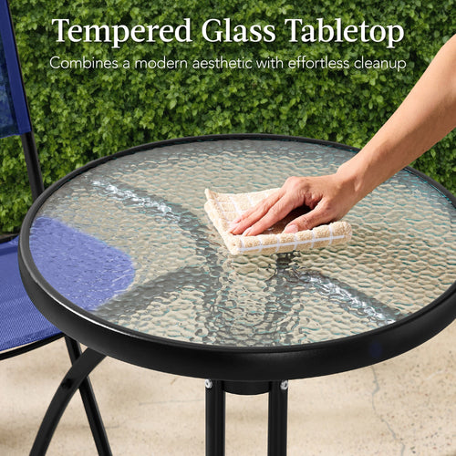 3-Piece Bistro Set w/ Glass Table, 2 Foldable Chairs