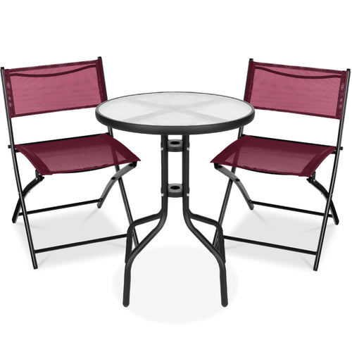 3-Piece Bistro Set w/ Glass Table, 2 Foldable Chairs