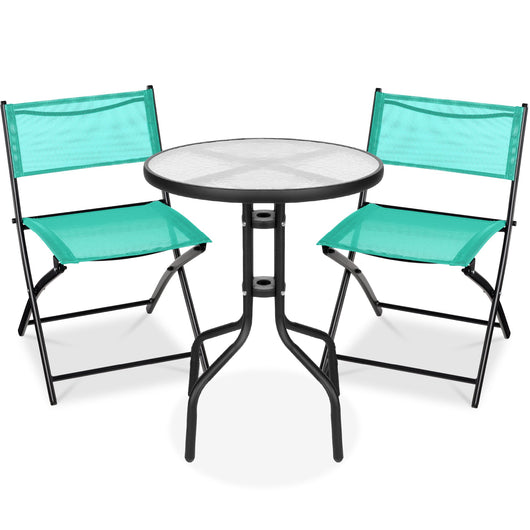 3-Piece Bistro Set w/ Glass Table, 2 Foldable Chairs