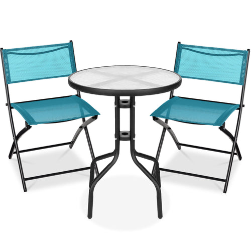 3-Piece Bistro Set w/ Glass Table, 2 Foldable Chairs
