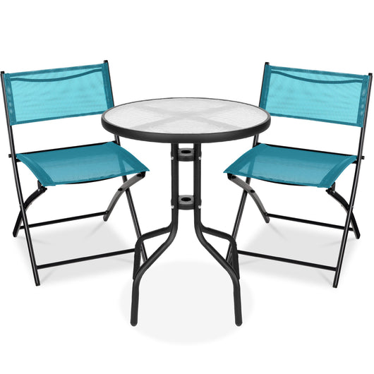 3-Piece Bistro Set w/ Glass Table, 2 Foldable Chairs