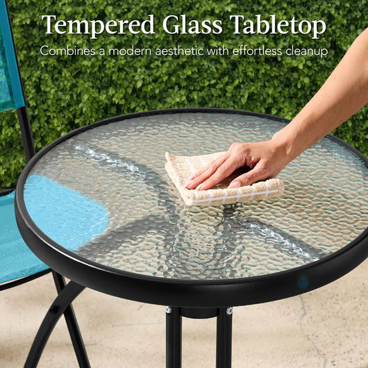 3-Piece Bistro Set w/ Glass Table, 2 Foldable Chairs