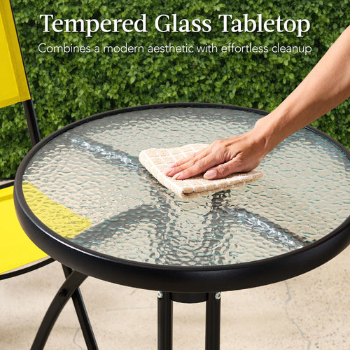 3-Piece Bistro Set w/ Glass Table, 2 Foldable Chairs