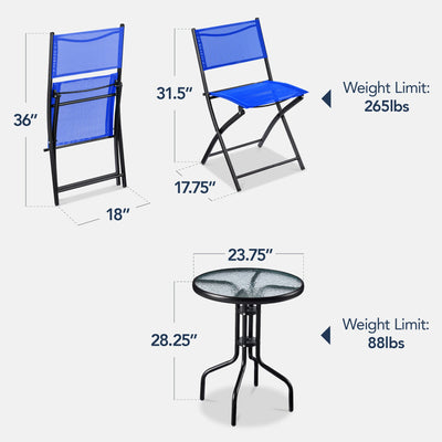 3-Piece Bistro Set w/ Glass Table, 2 Foldable Chairs