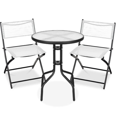 3-Piece Bistro Set w/ Glass Table, 2 Foldable Chairs