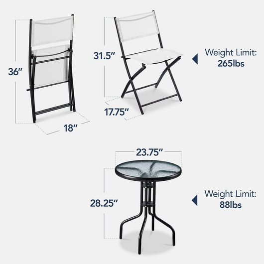 3-Piece Bistro Set w/ Glass Table, 2 Foldable Chairs
