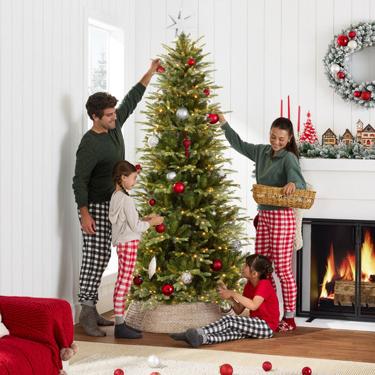 Pre-Lit Artificial Aspen Slim Noble Fir Christmas Tree w/ Metal Stand