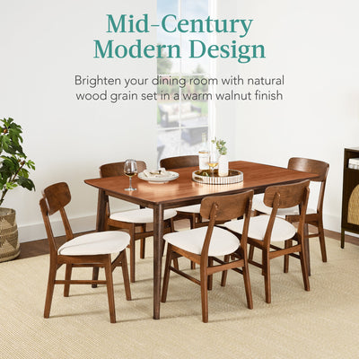 7-Piece Mid-Century Modern Dining Set, Wood Upholstered w/ 6 Chairs