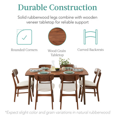 7-Piece Mid-Century Modern Dining Set, Wood Upholstered w/ 6 Chairs