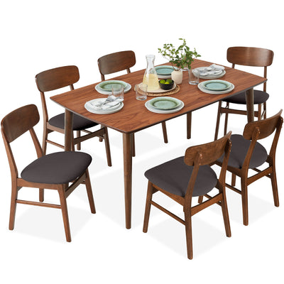 7-Piece Mid-Century Modern Dining Set, Wood Upholstered w/ 6 Chairs