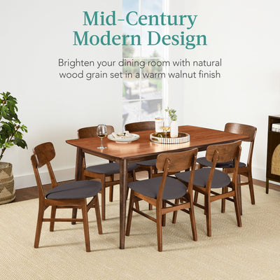 7-Piece Mid-Century Modern Dining Set, Wood Upholstered w/ 6 Chairs