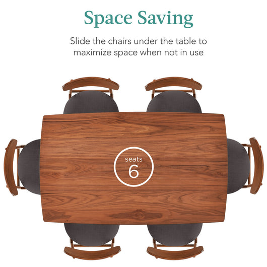 7-Piece Mid-Century Modern Dining Set, Wood Upholstered w/ 6 Chairs