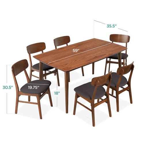 7-Piece Mid-Century Modern Dining Set, Wood Upholstered w/ 6 Chairs