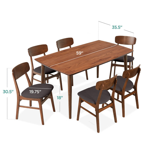 7-Piece Mid-Century Modern Dining Set, Wood Upholstered w/ 6 Chairs