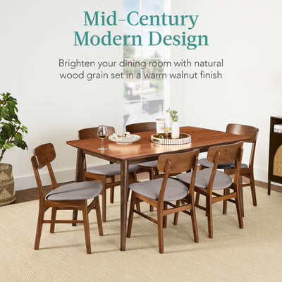 7-Piece Mid-Century Modern Dining Set, Wood Upholstered w/ 6 Chairs