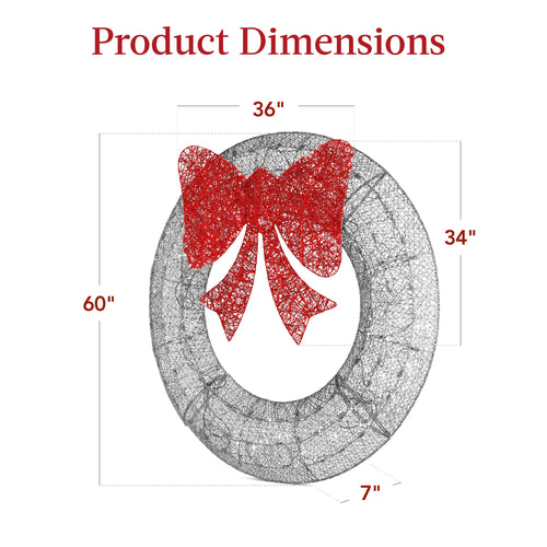 Pre-Lit Outdoor Christmas Wreath, LED Metal Holiday Decor w/ Bow - 60in