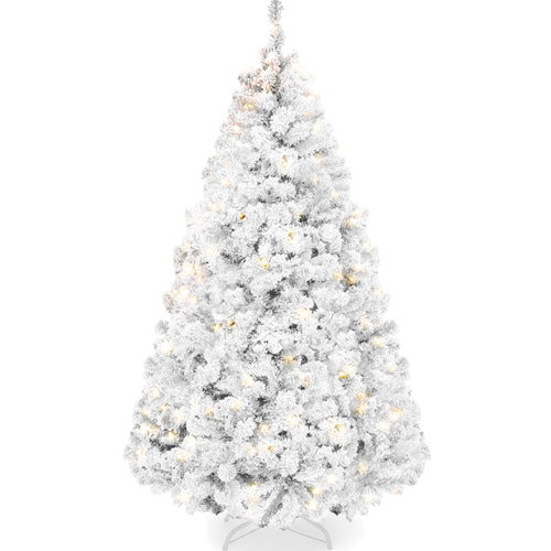Pre-Lit White Snow Flocked Artificial Pine Christmas Tree w/ 2-in-1 Lights