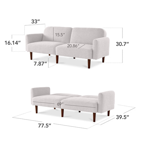 Curved Convertible Futon, Boucle Fabric Split-Back Sleeper Bed