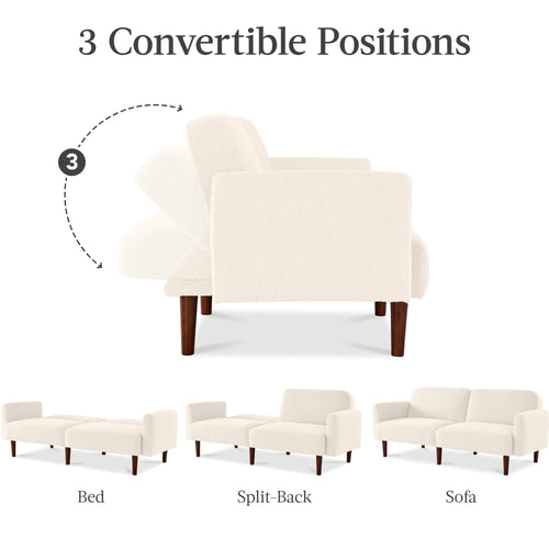 Curved Convertible Futon, Boucle Fabric Split-Back Sleeper Bed