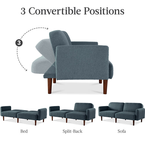 Curved Convertible Futon, Boucle Fabric Split-Back Sleeper Bed